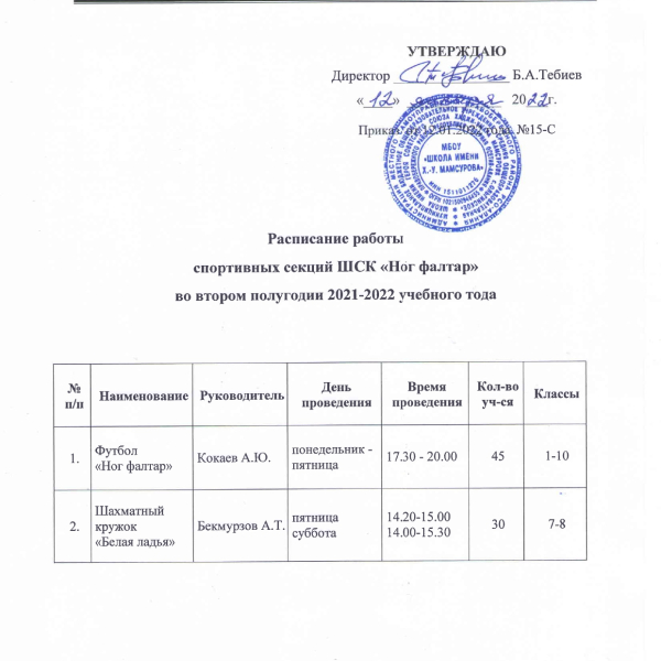 Расписание работы спортивных секций ШСК «Ног фалтар»